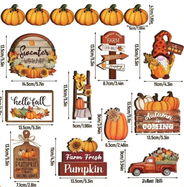 Fall harvest tiered tray decor set with 10 wooden autumn signs and figurines