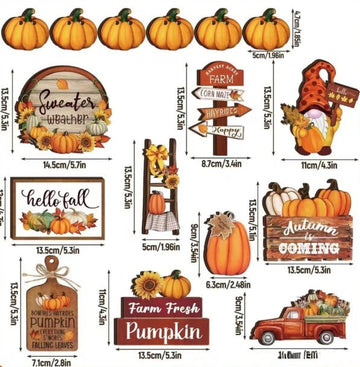 Fall harvest tiered tray decor set with 10 wooden autumn signs and figurines