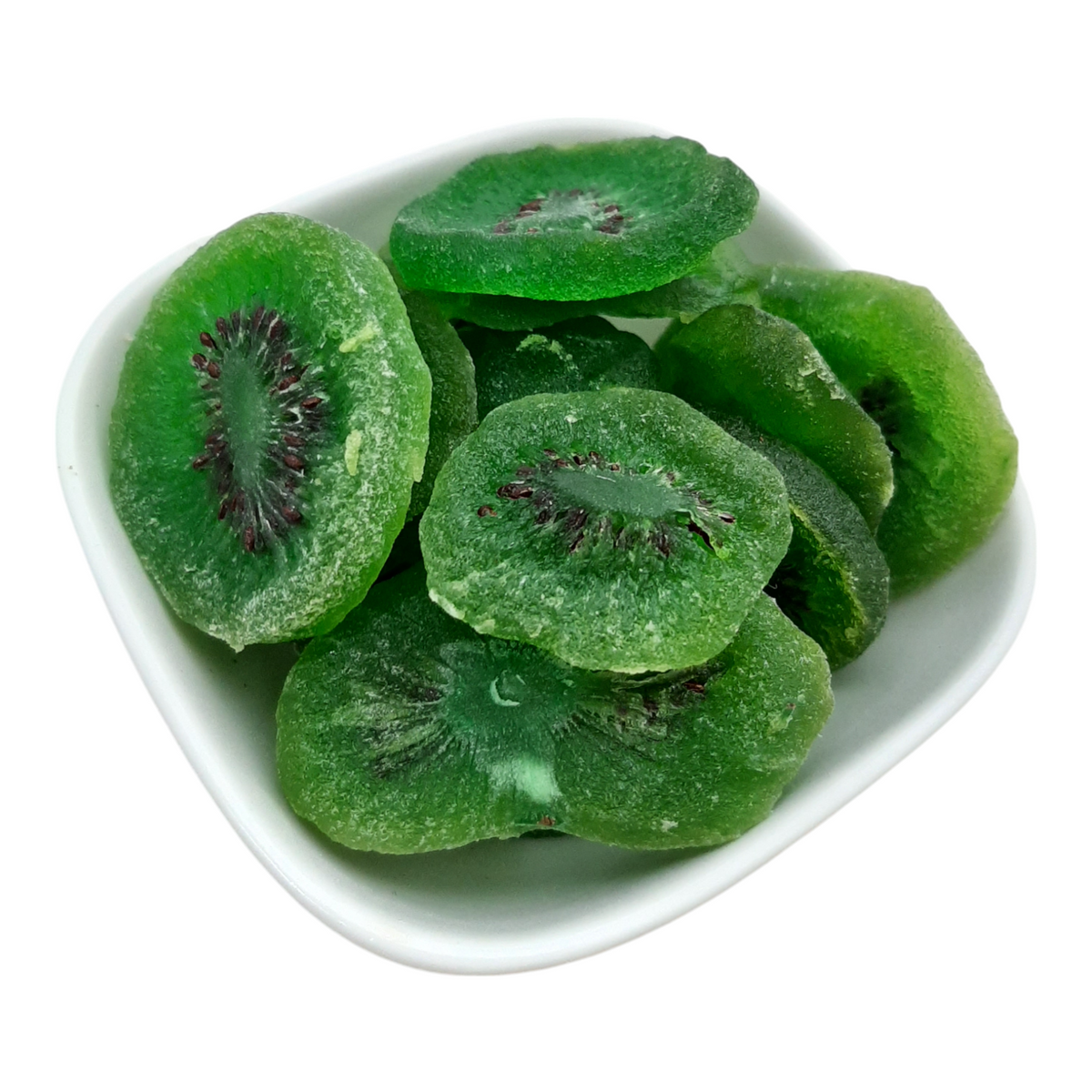 Organic dried kiwi slices from Nut Fusion, vibrant green and brown dried fruit pieces, showcasing natural texture and dried fruit quality.