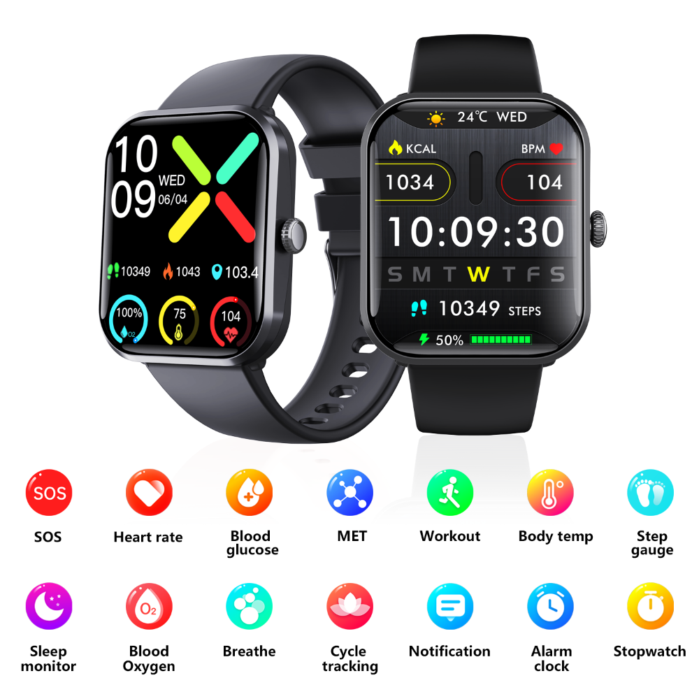 Blood Sugar Monitor Smartwatch – SOS Alarm & Calling