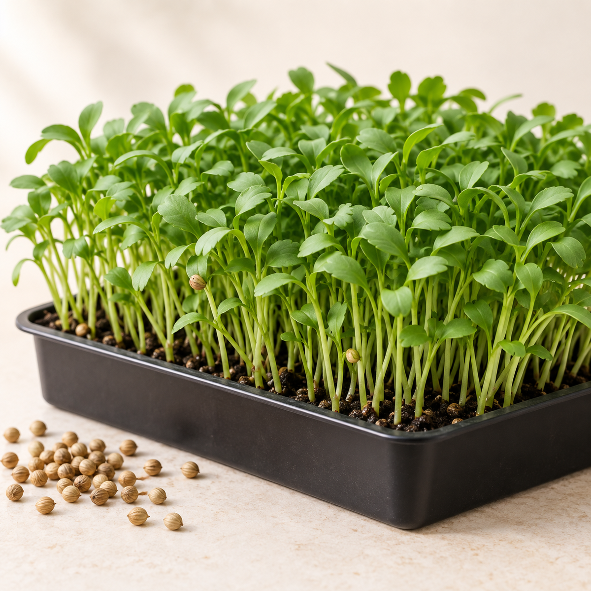 Fresh Coriander microgreens growing in a tray with coriander seeds