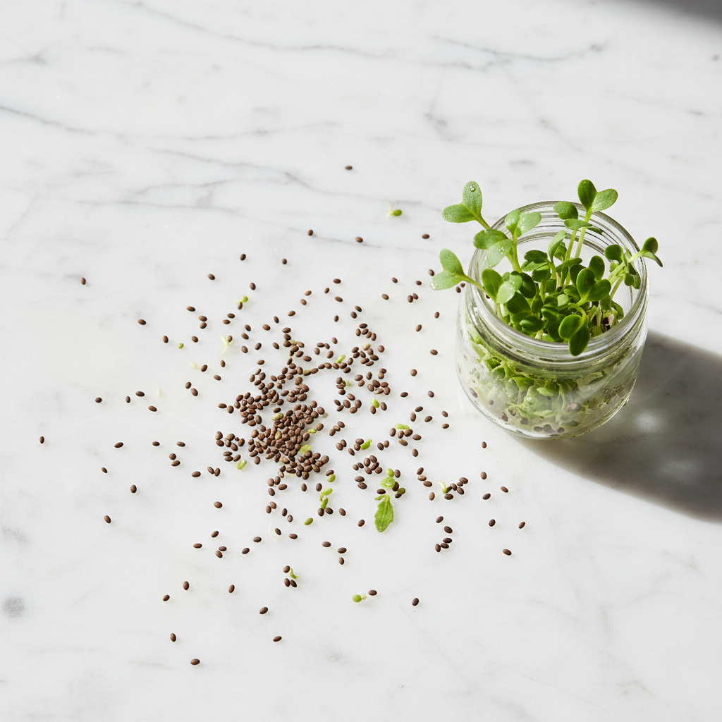Close-up of fresh alfalfa microgreen and sprouting seeds from The Gourmet Variety, ready for planting or harvest.