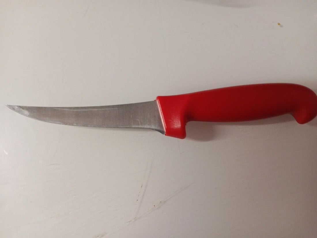 Unbranded red multipurpose curved kitchen knife with 13 cm stainless steel blade