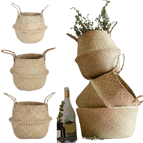 NNEOBA Seagrass Storage Basket Wicker Basket Work Rattan Hanging Planting Flower Pot Laundry Cesta Mimbre Basket Picnic Basket-0